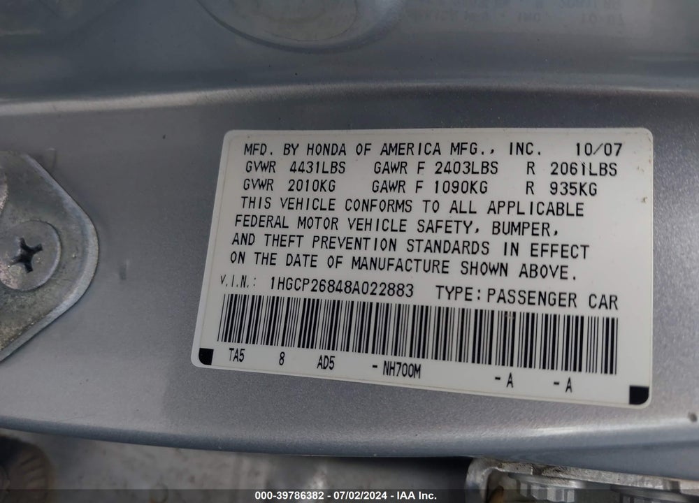 2008 HONDA ACCORD 2.4 EX-L VIN: 1HGCP26848A022883