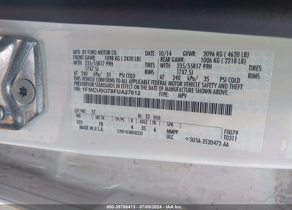 2015 FORD ESCAPE VIN: 1FMCU0G78FUA27612