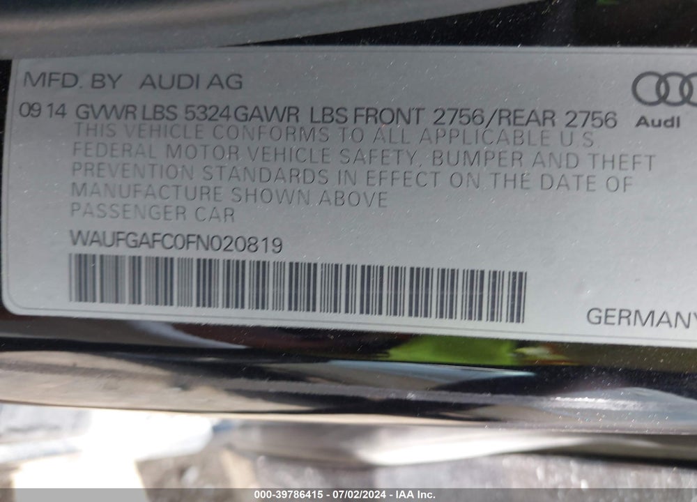 2015 AUDI A6 3.0T PREMIUM PLUS VIN: WAUFGAFC0FN020819