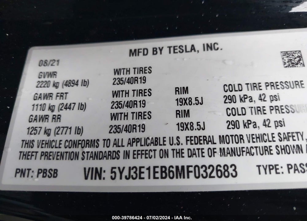 2021 TESLA MODEL 3 LONG RANGE DUAL MOTOR ALL-WHEEL DRIVE VIN: 5YJ3E1EB6MF032683