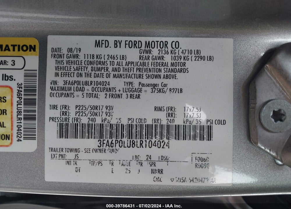 2020 FORD FUSION HYBRID SE VIN: 3FA6P0LU8LR104024
