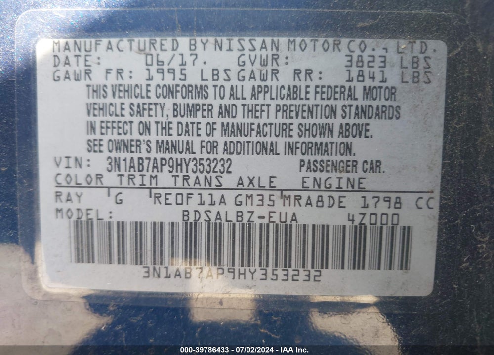 2017 NISSAN SENTRA S VIN: 3N1AB7AP9HY353232