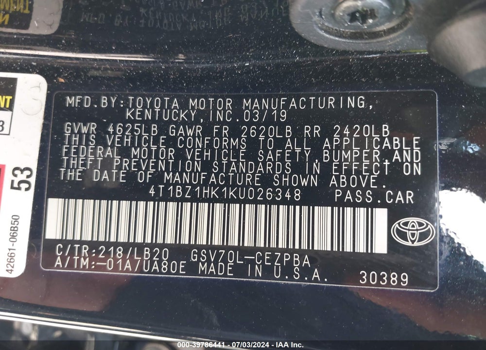 2019 TOYOTA CAMRY XSE V6 VIN: 4T1BZ1HK1KU026348