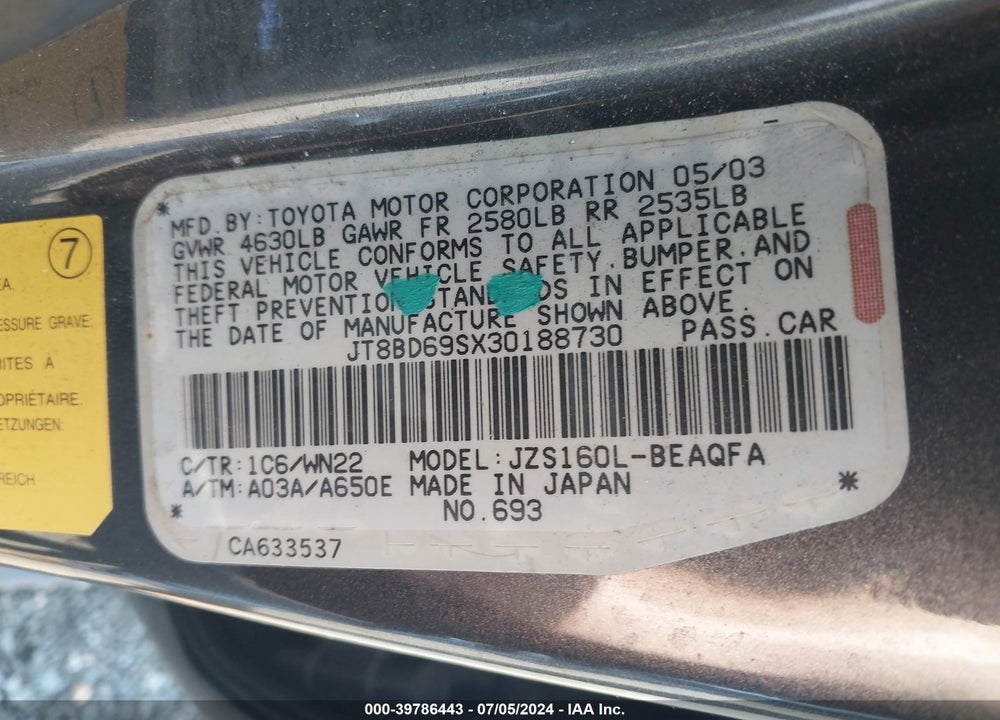 2003 LEXUS GS 300 VIN: JT8BD69SX30188730