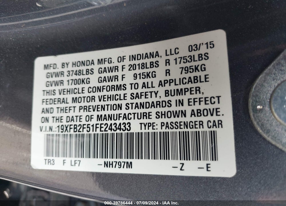 2015 HONDA CIVIC LX VIN: 19XFB2F51FE243433