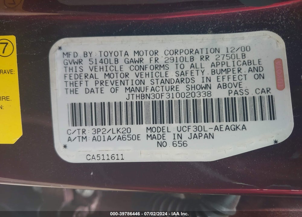 2001 LEXUS LS 430 VIN: JTHBN30F310020338