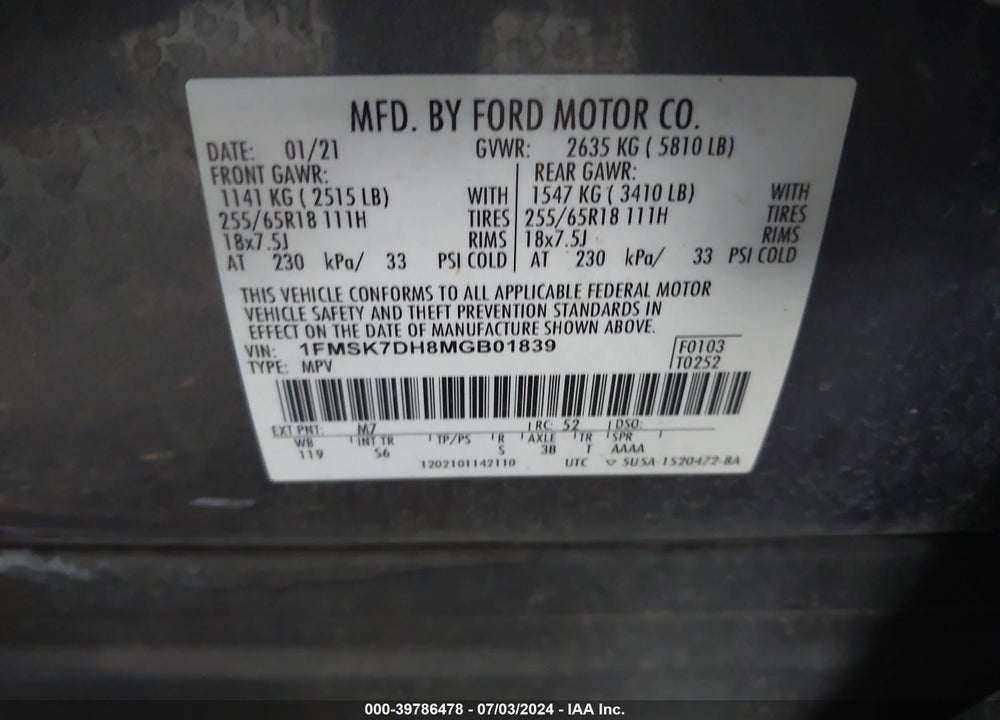 2021 FORD EXPLORER VIN: 1FMSK7DH8MGB01839