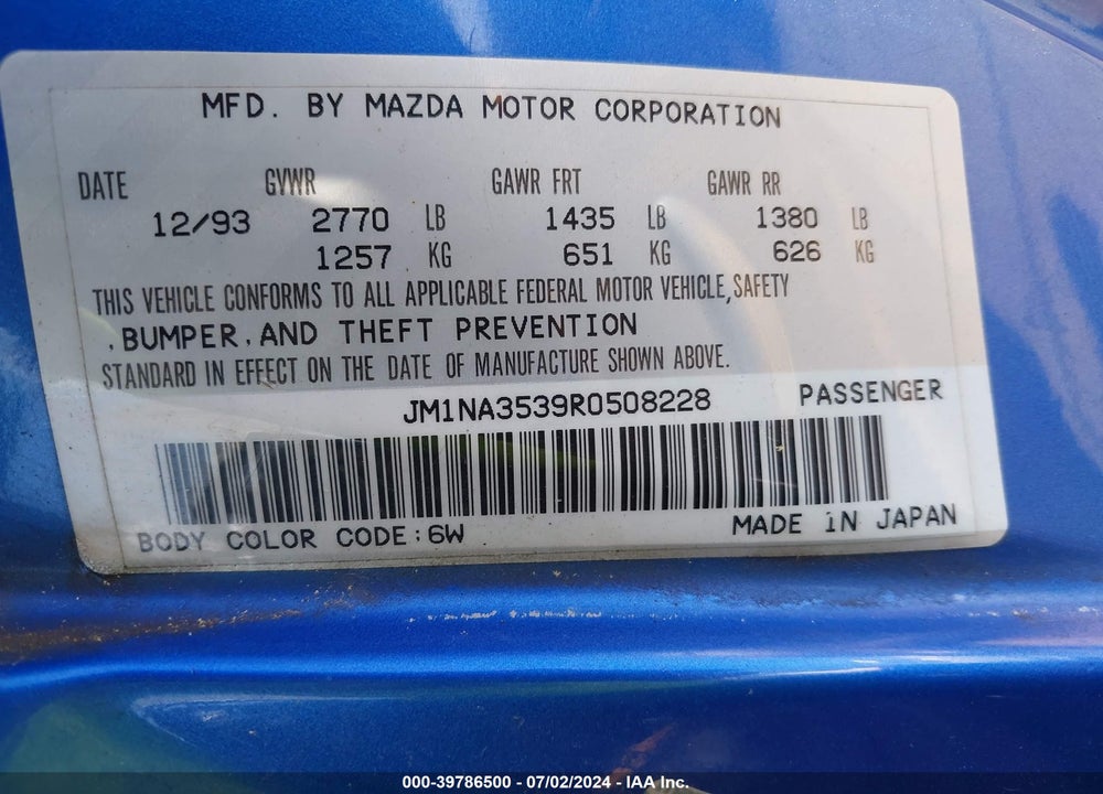 1994 MAZDA MX-5 MIATA VIN: JM1NA3539R0508228