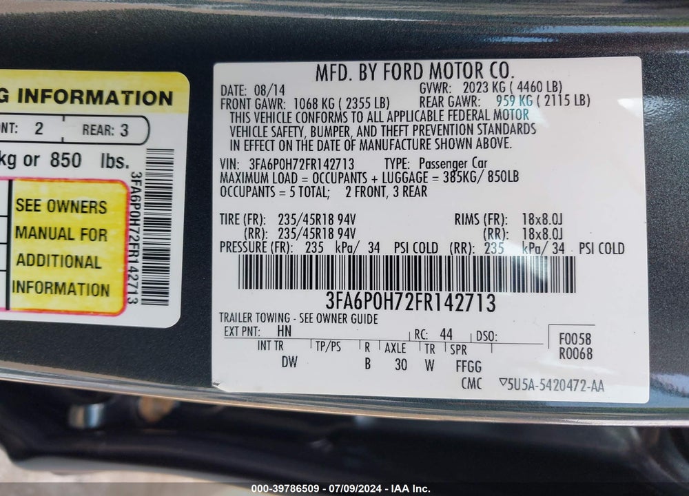 2015 FORD FUSION SE VIN: 3FA6P0H72FR142713