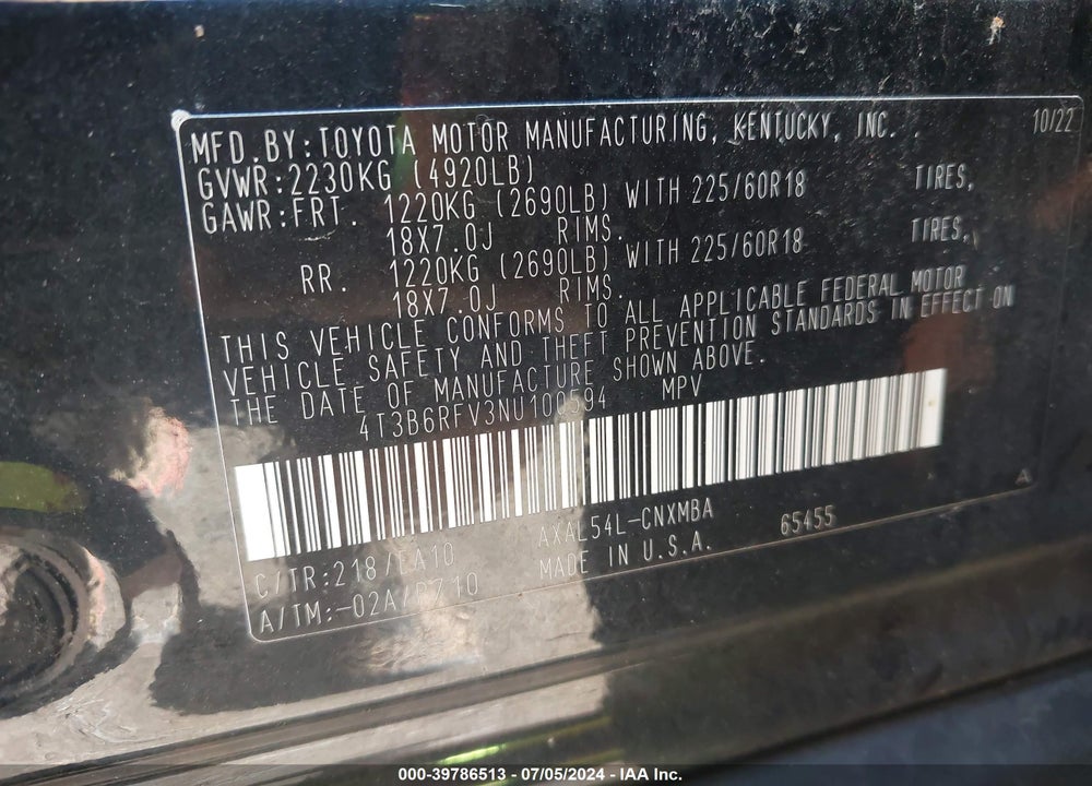 2022 TOYOTA RAV4 HYBRID XLE PREMIUM VIN: 4T3B6RFV3NU100594