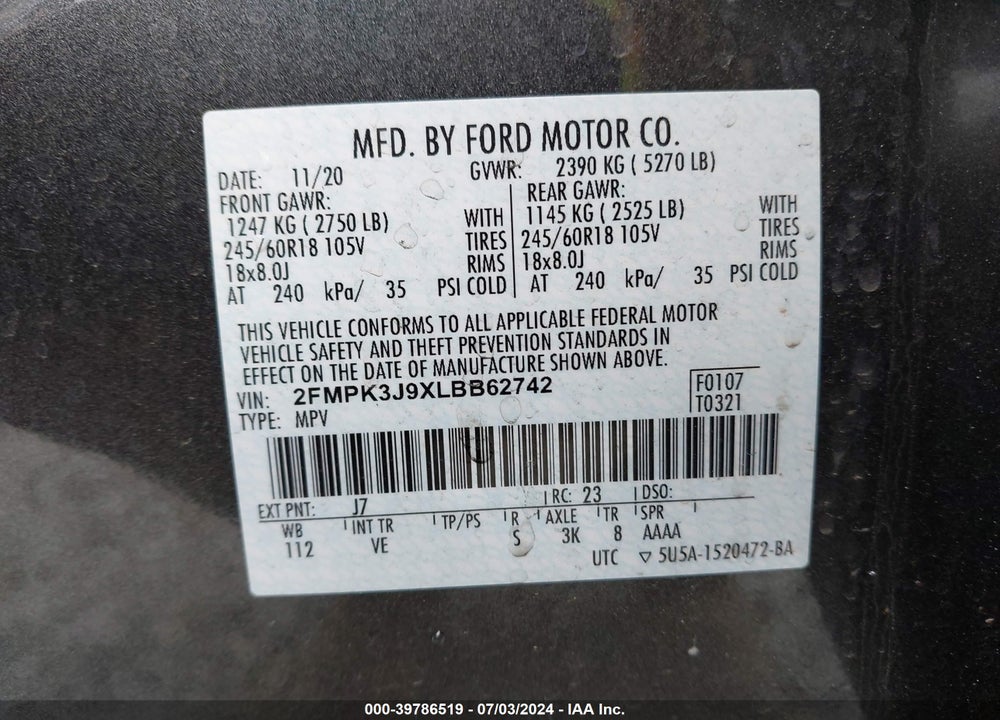 2020 FORD EDGE SEL VIN: 2FMPK3J9XLBB62742
