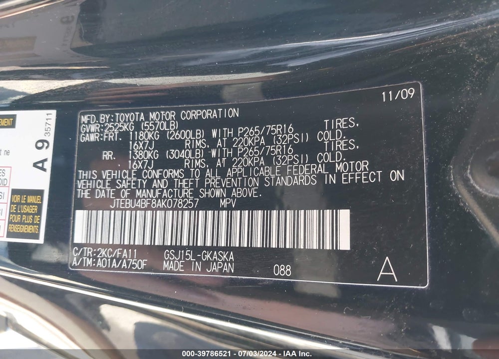 2010 TOYOTA FJ CRUISER VIN: JTEBU4BF8AK078257