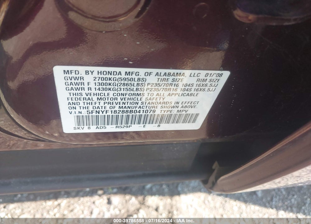 2008 HONDA PILOT VIN: 5FNYF18288B041079