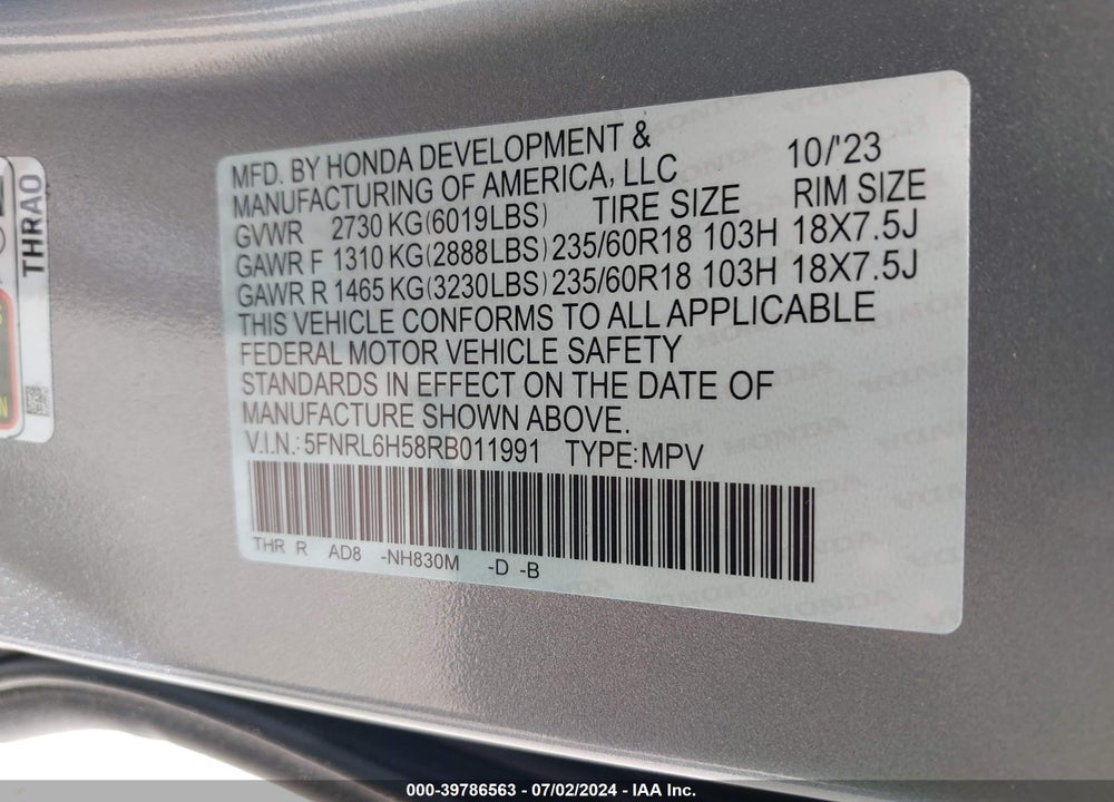2024 HONDA ODYSSEY EX VIN: 5FNRL6H58RB011991