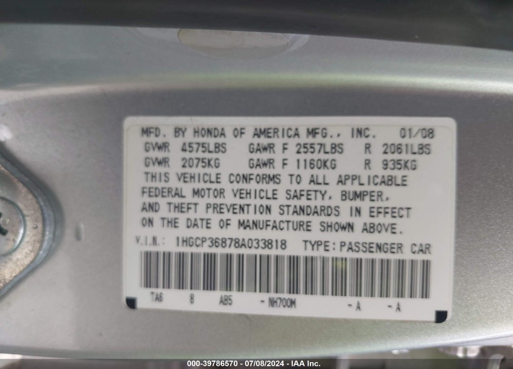 2008 HONDA ACCORD 3.5 EX-L VIN: 1HGCP36878A033818
