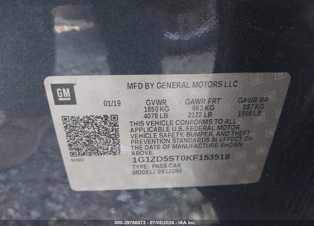 2019 CHEVROLET MALIBU LT VIN: 1G1ZD5ST0KF153518
