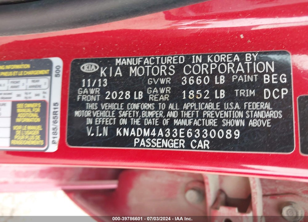 2014 KIA RIO LX VIN: KNADM4A33E6330089