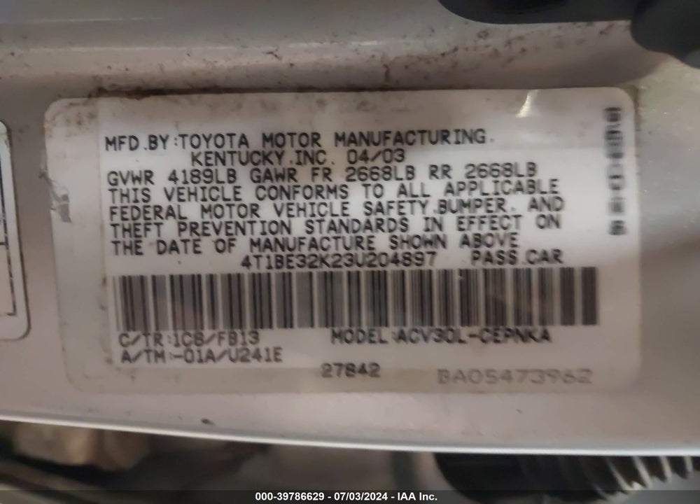 2003 TOYOTA CAMRY VIN: 4T1BE32K23U204897