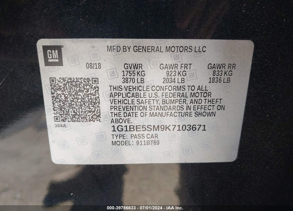 2019 CHEVROLET CRUZE VIN: 1G1BE5SM9K7103671