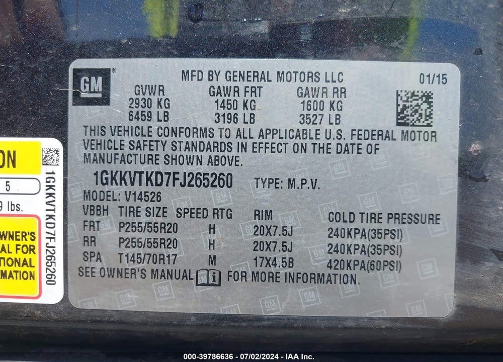2015 GMC ACADIA DENALI VIN: 1GKKVTKD7FJ265260