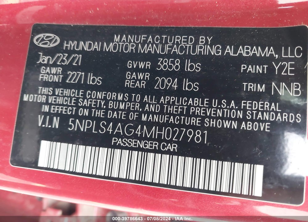 2021 HYUNDAI ELANTRA VIN: 5NPLS4AG4MH027981