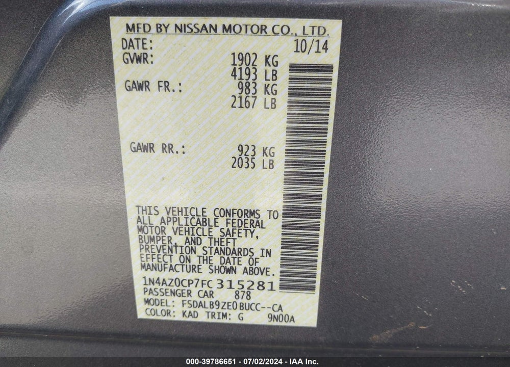 2015 NISSAN LEAF S VIN: 1N4AZ0CP7FC315281