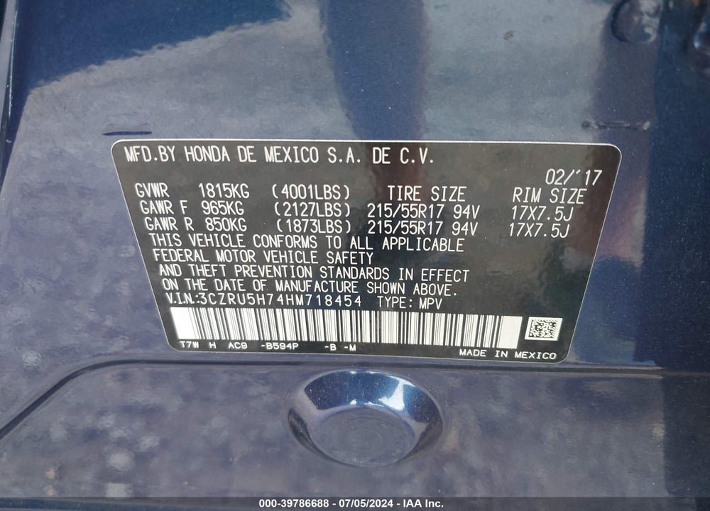 2017 HONDA HR-V EX-L VIN: 3CZRU5H74HM718454