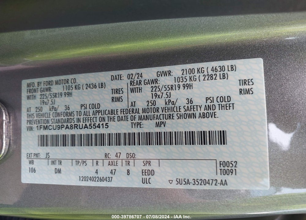 2024 FORD ESCAPE ST-LINE ELITE VIN: 1FMCU9PA8RUA55415