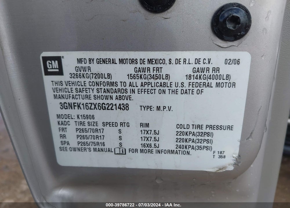 2006 CHEVROLET SUBURBAN 1500 COMMERCIAL FLEET VIN: 3GNFK16ZX6G221438