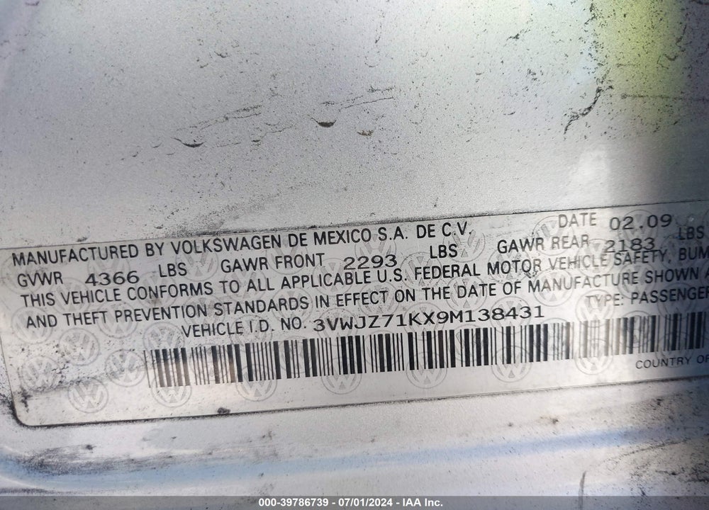 2009 VOLKSWAGEN JETTA S VIN: 3VWJZ71KX9M138431