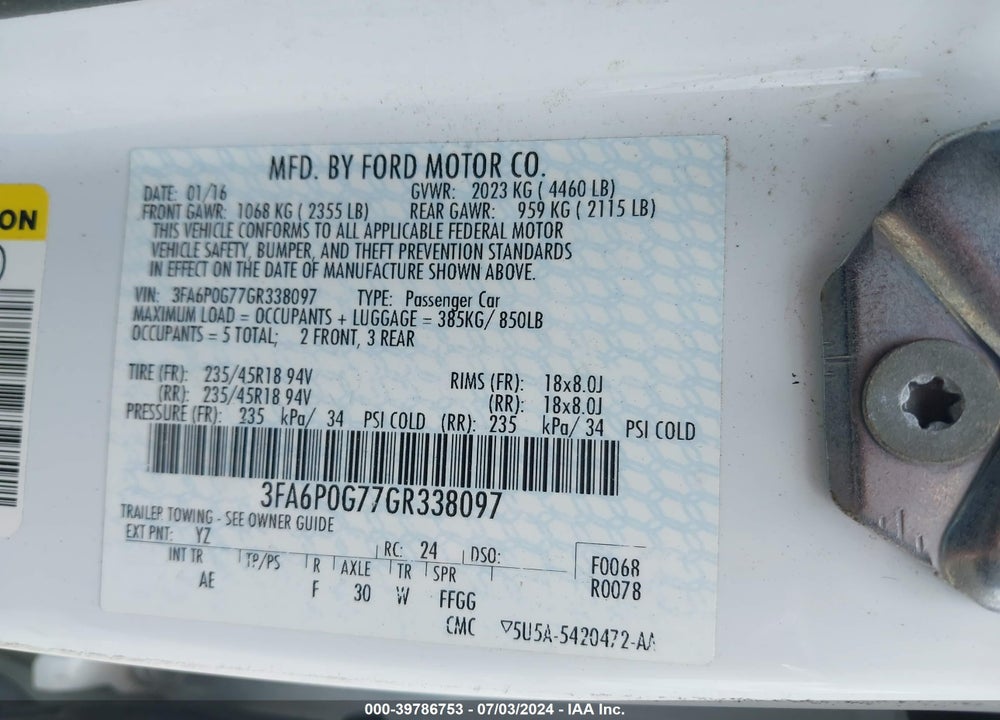 2016 FORD FUSION S VIN: 3FA6P0G77GR338097