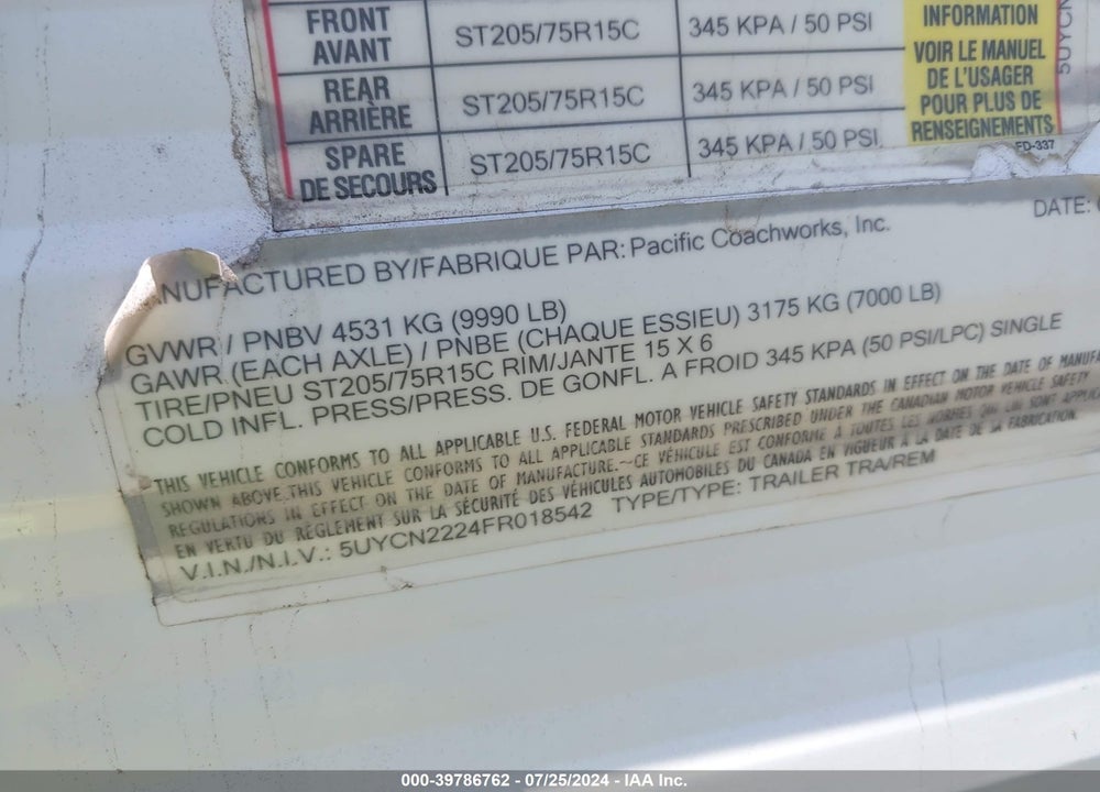2015 PACIFIC COACH WORKS SANDSTORM VIN: 5UYCN2224FR018542
