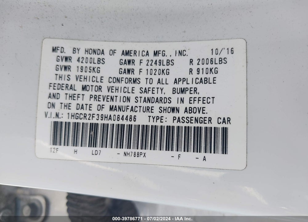 2017 HONDA ACCORD LX VIN: 1HGCR2F39HA084486