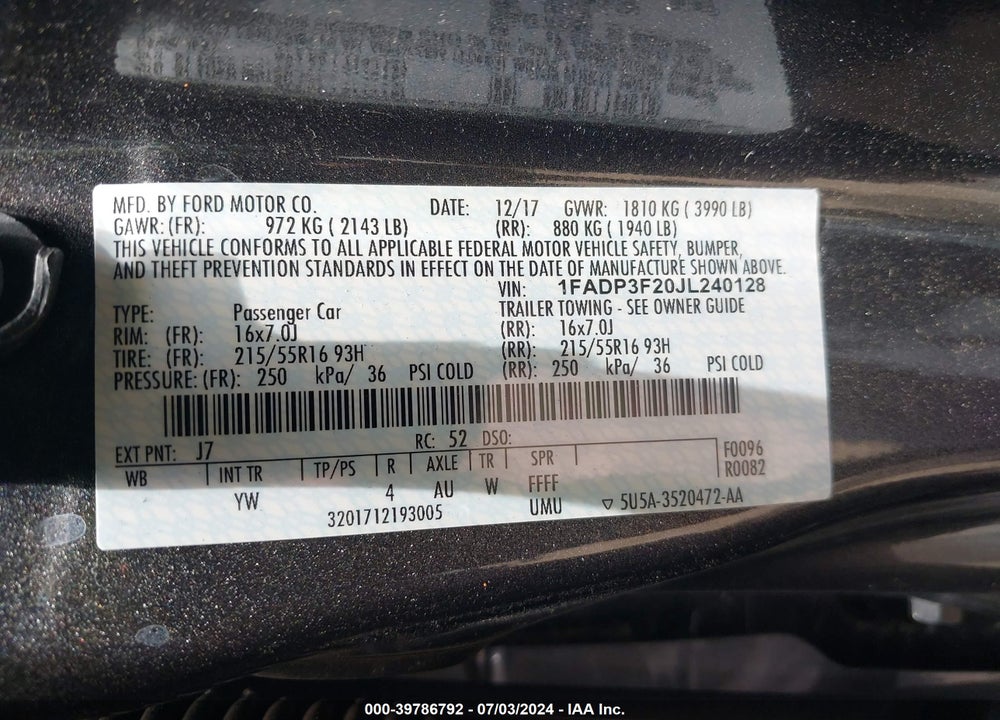 2018 FORD FOCUS VIN: 1FADP3F20JL240128