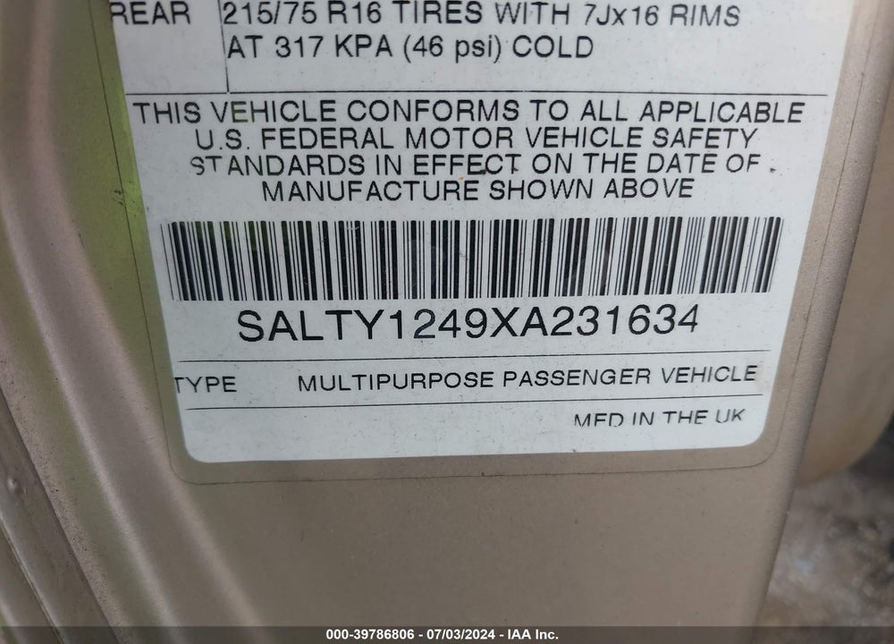 1999 LAND ROVER DISCOVERY SERIES II VIN: SALTY1249XA231634