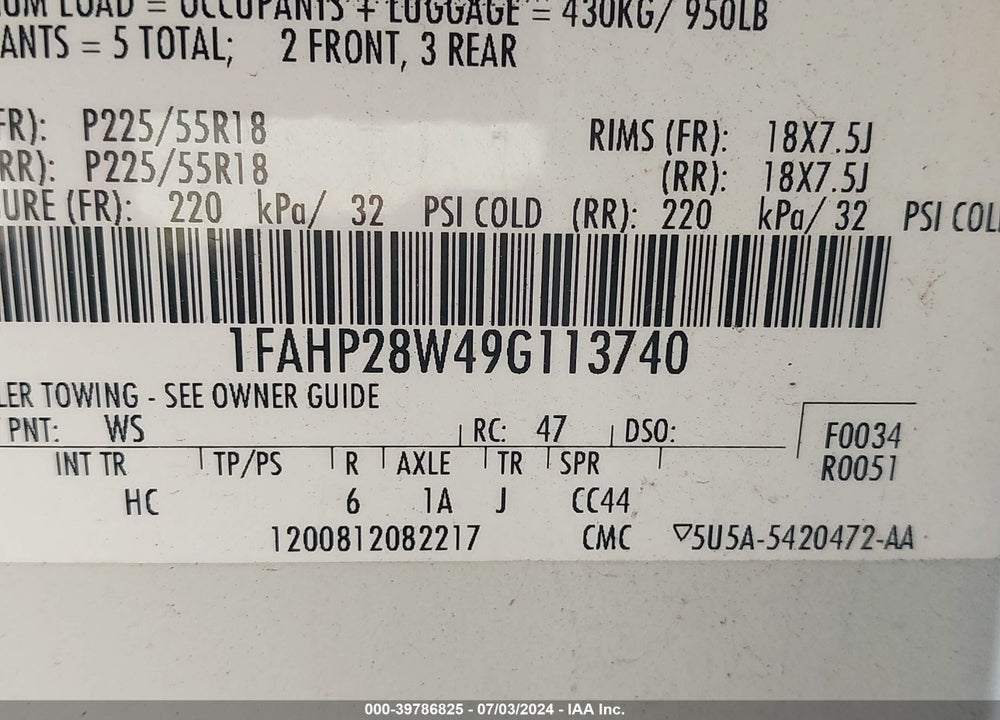 2009 FORD TAURUS LIMITED VIN: 1FAHP28W49G113740