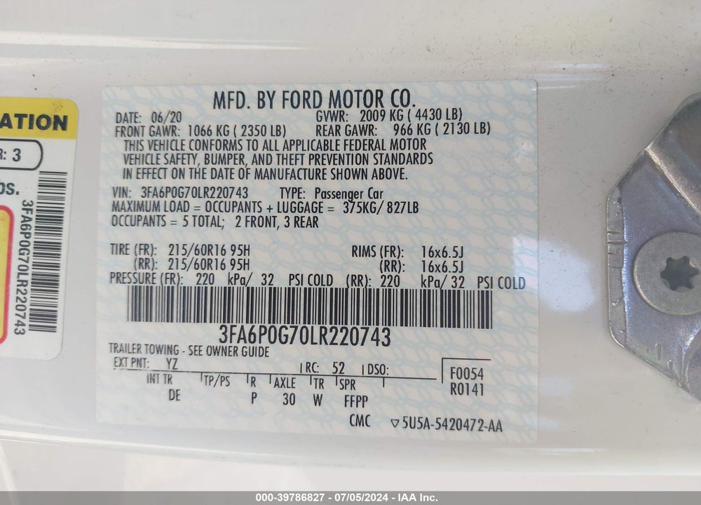 2020 FORD FUSION S VIN: 3FA6P0G70LR220743