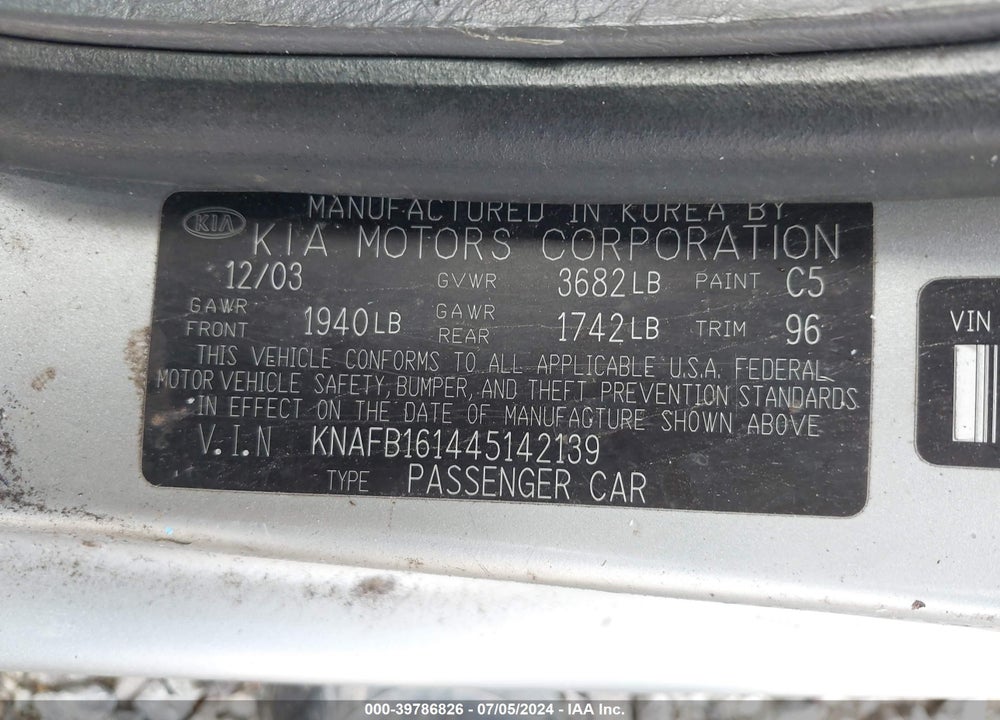 2004 KIA SPECTRA GS/GSX VIN: KNAFB161445142139