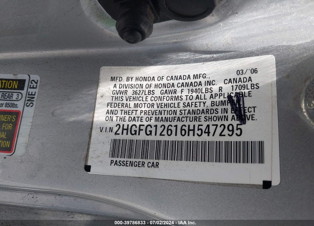 2006 HONDA CIVIC LX VIN: 2HGFG12616H547295