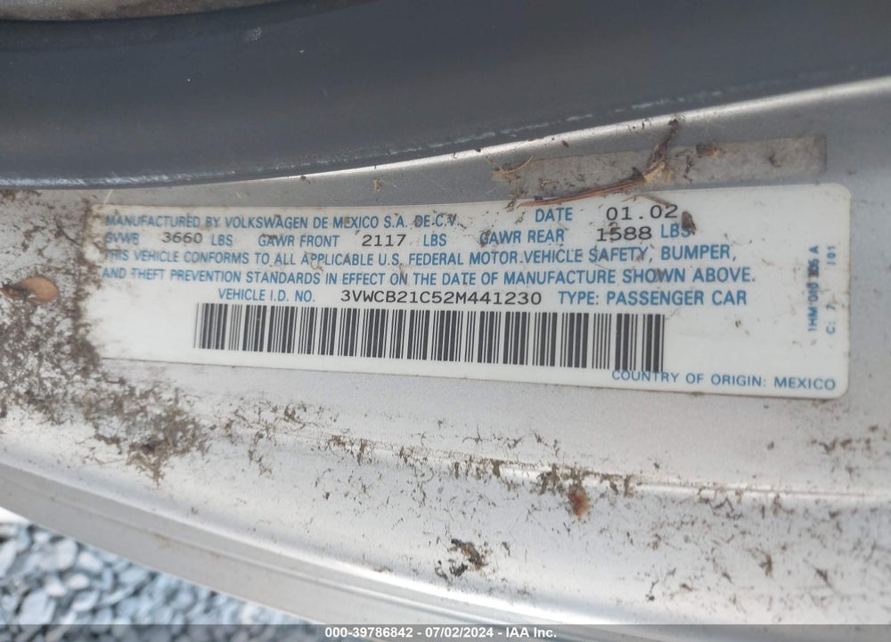 2002 VOLKSWAGEN NEW BEETLE GLS VIN: 3VWCB21C52M441230