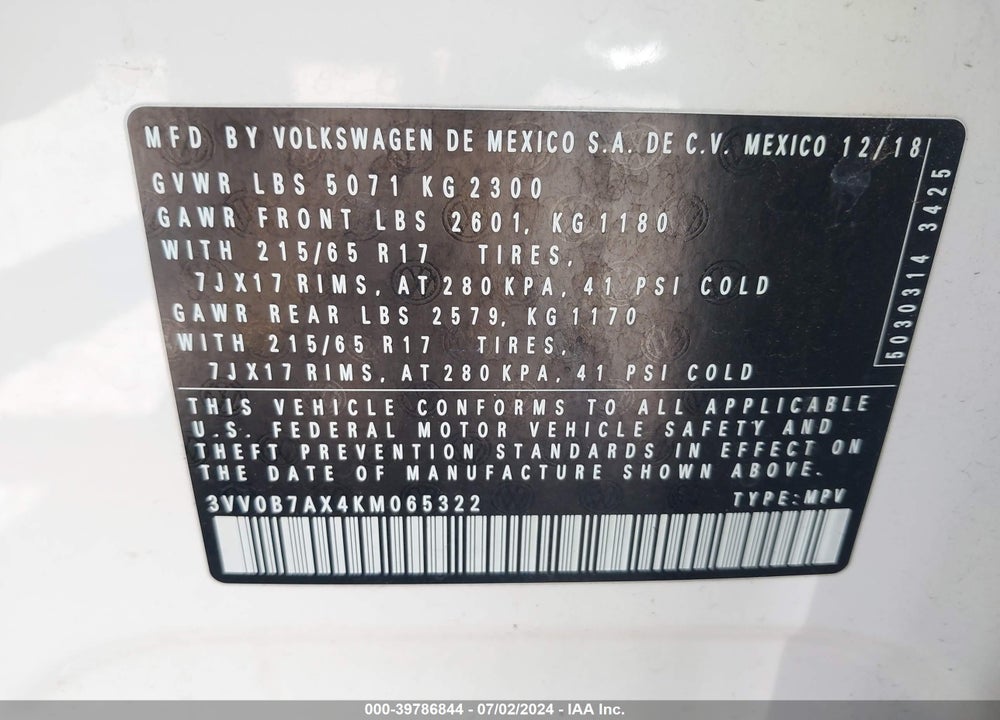2019 VOLKSWAGEN TIGUAN 2.0T S VIN: 3VV0B7AX4KM065322