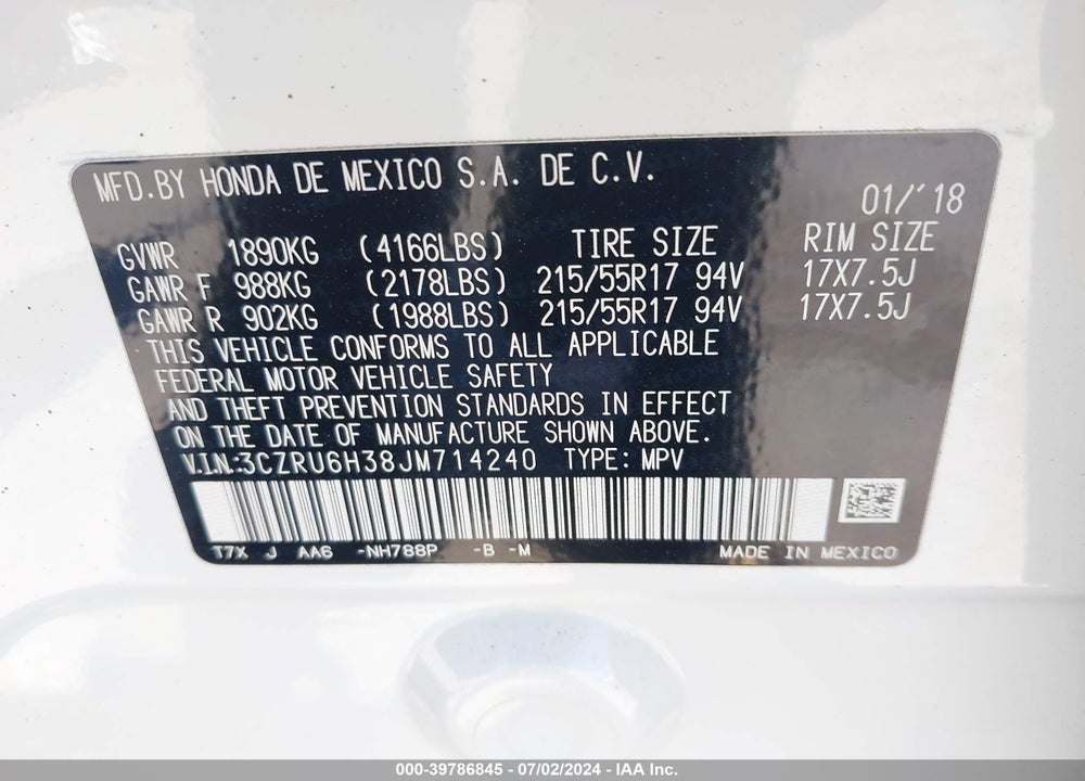 2018 HONDA HR-V LX VIN: 3CZRU6H38JM714240
