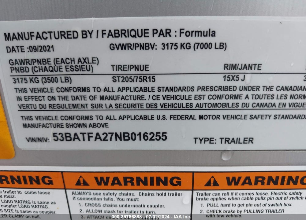 2022 FORMULA TRAILERS ENCLOSED TRAILER VIN: 53BATFA27NB016255