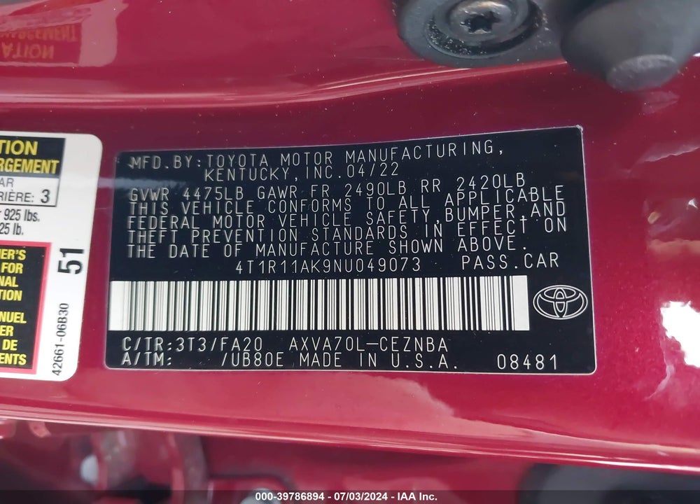 2022 TOYOTA CAMRY LE VIN: 4T1R11AK9NU049073