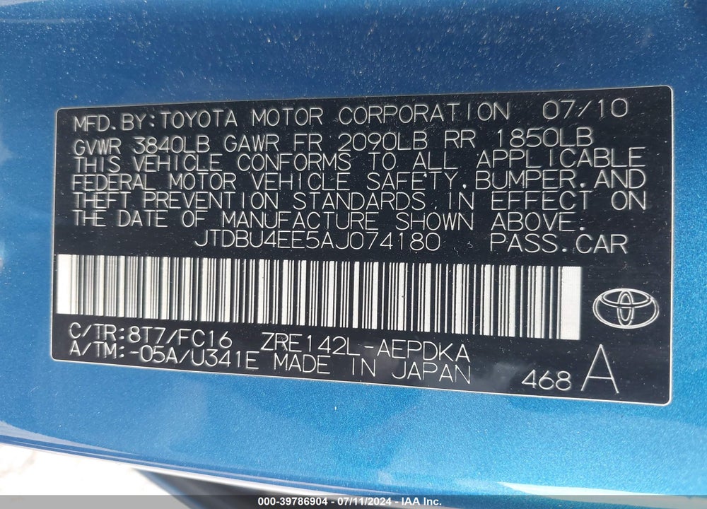 2010 TOYOTA COROLLA LE VIN: JTDBU4EE5AJ074180