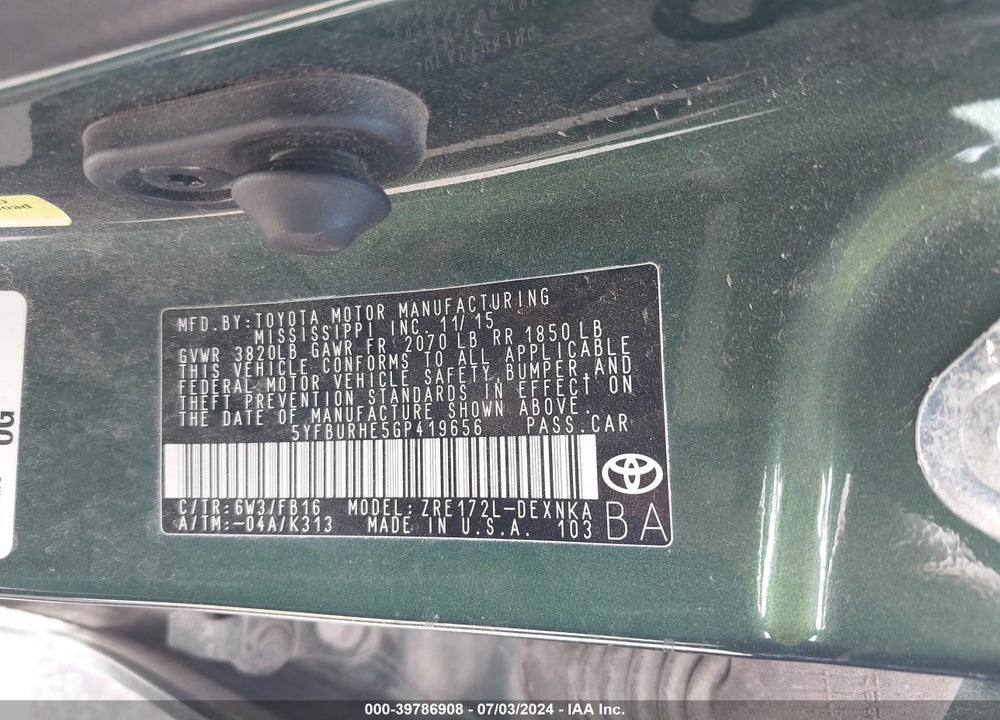 2016 TOYOTA COROLLA LE VIN: 5YFBURHE5GP419656