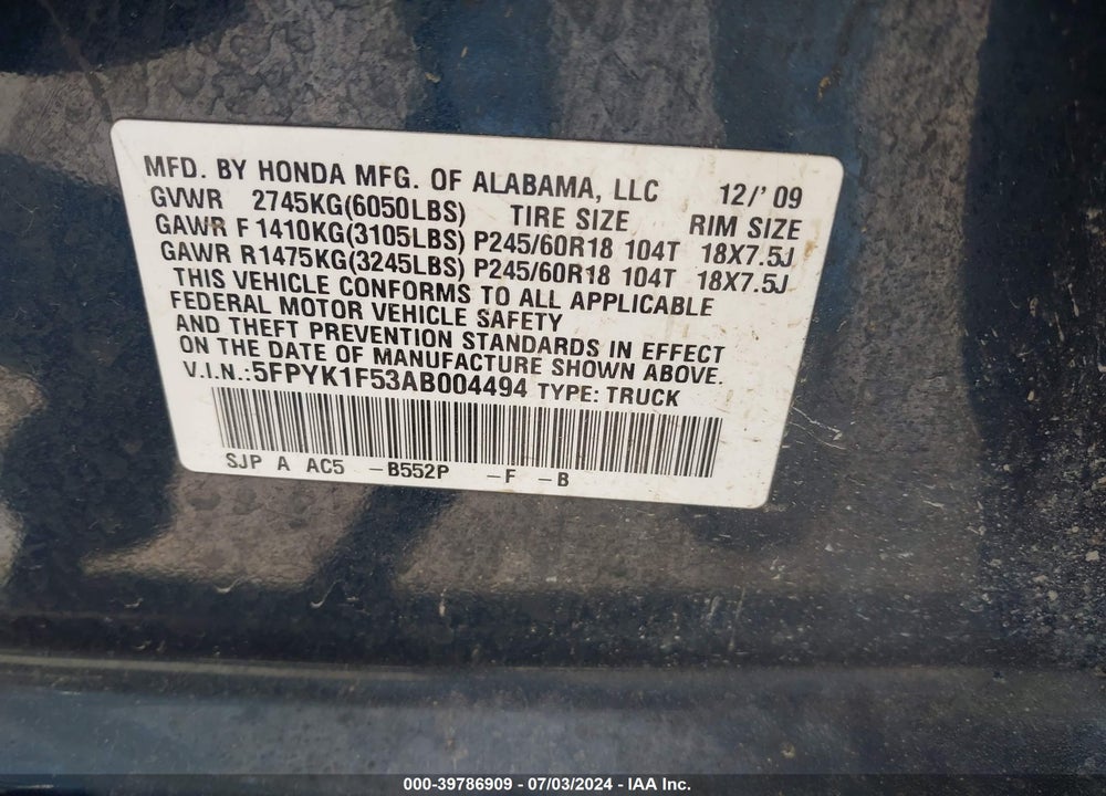 2010 HONDA RIDGELINE RTL VIN: 5FPYK1F53AB004494