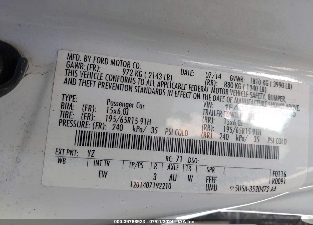 2014 FORD FOCUS S VIN: 1FADP3E27EL374240