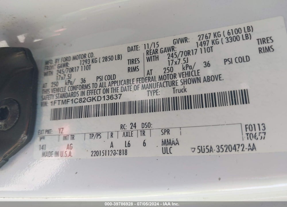 2016 FORD F-150 XL VIN: 1FTMF1C82GKD13637