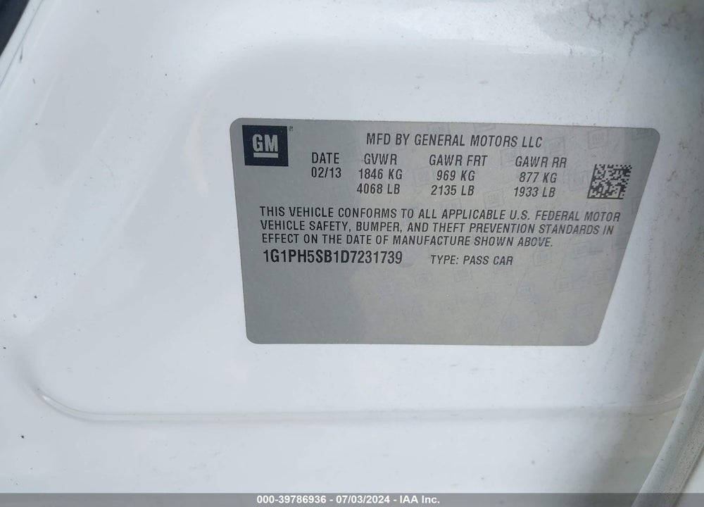 2013 CHEVROLET CRUZE ECO AUTO VIN: 1G1PH5SB1D7231739